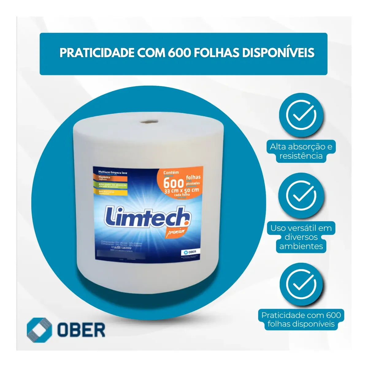 Pano Multiuso Limtech - 33cm X 300m - 600 Folhas - 70g/m² - Branco