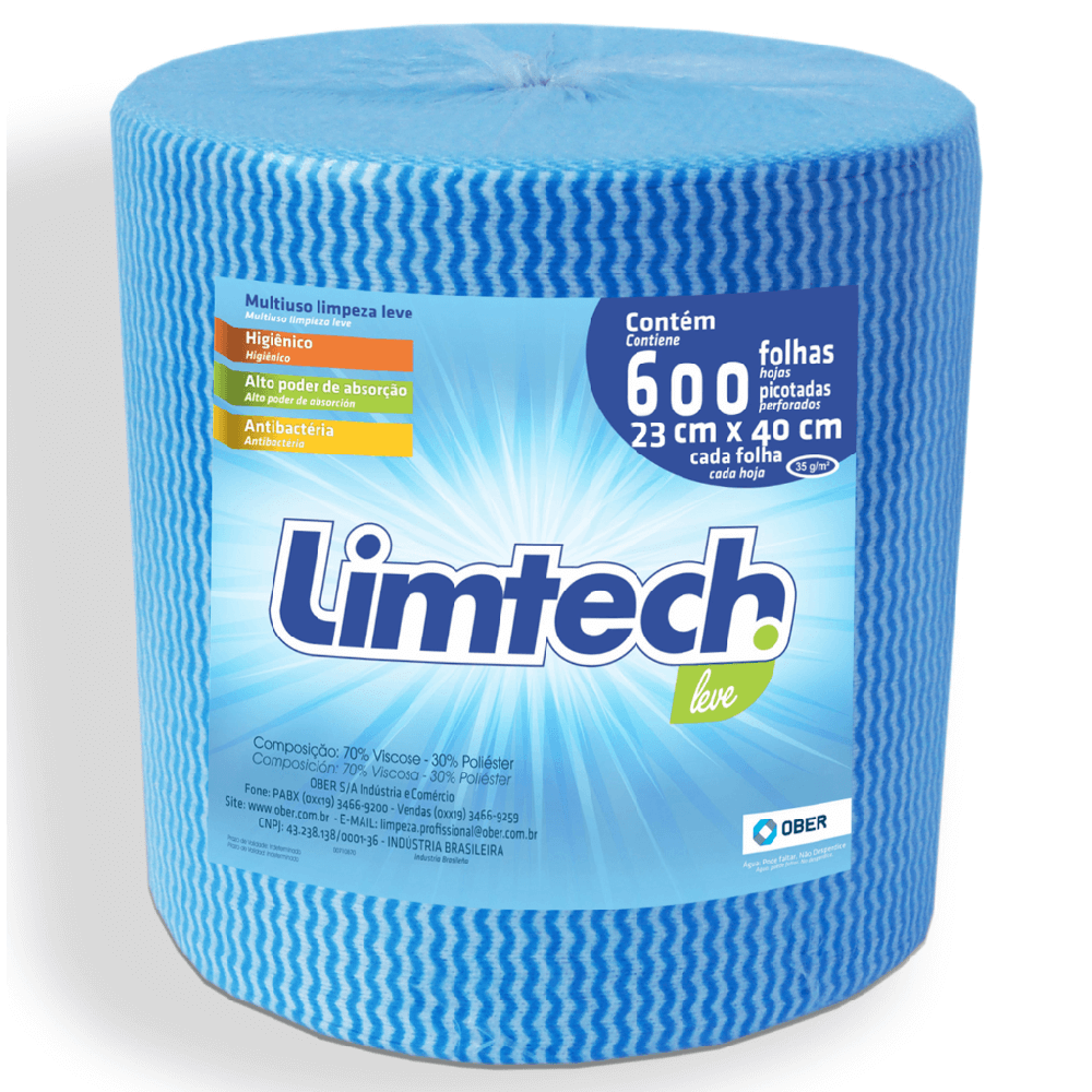 Pano Multiuso Limtech - 23cm X 240m - 600 Folhas - 35g/m² - Azul